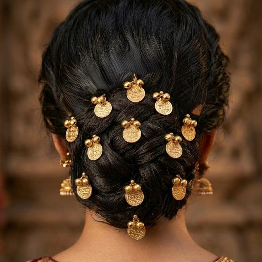 Gold Coin & Ghungroo Juda Pins for Women - Image 2